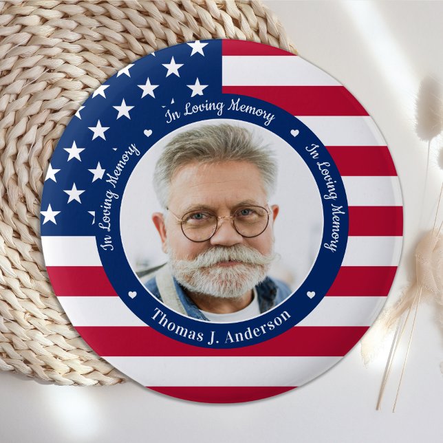 Patriotic American Flag Custom 2 Photo Memorial  Button (Creator Uploaded)