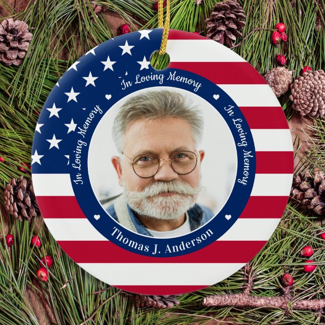 Patriotic American Flag Custom 2 Photo Memorial  Ceramic Ornament (Creator Uploaded)