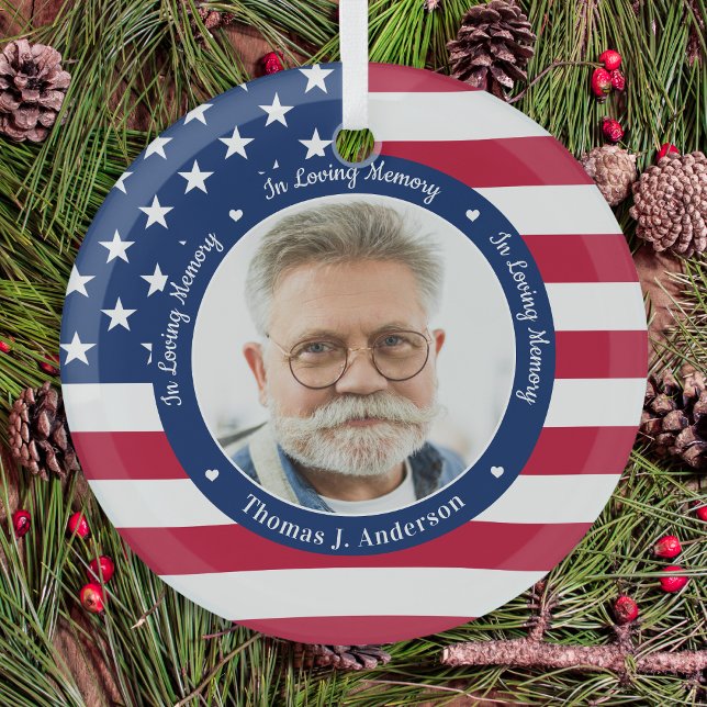 Patriotic American Flag Custom 2 Photo Memorial  Glass Ornament (Creator Uploaded)