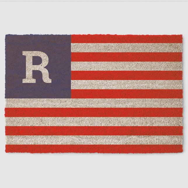 Patriotic American flag custom family name initial Fiber Doormat (Front)