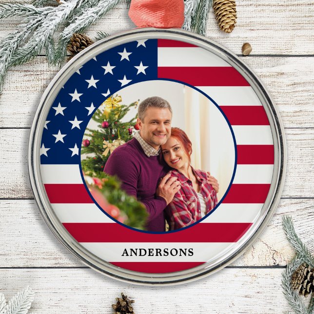 Patriotic American Flag Custom Photo Holiday Metal Ornament (Creator Uploaded)