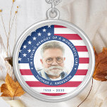 Patriotic American Flag Custom Photo Memorial Silver Plated Necklace<br><div class="desc">Honor your loved one with a patriotic custom photo memorial necklace. This unique military memorial necklace is the perfect gift for yourself, family or friends to pay tribute to a military veteran, military soldier, army, marines or fallen soldier. This patriotic memorial necklace features a modern red white and blue USA...</div>