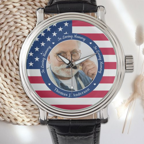 Patriotic American Flag Custom Photo Memorial  Watch