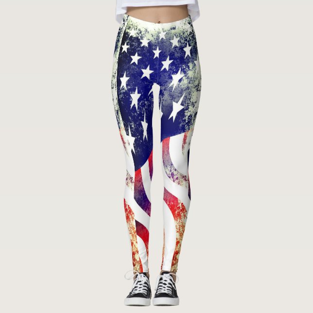 Patriotic American Flag distressed Grunge Leggings (Front)