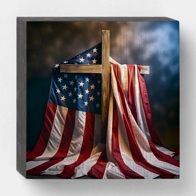 Patriotic American flag draped cross Wooden Box Sign (Front Horizontal)