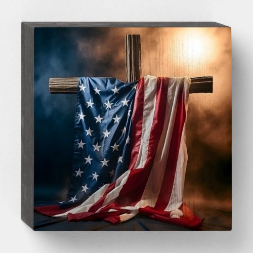 Patriotic American flag draped cross  Wooden Box Sign