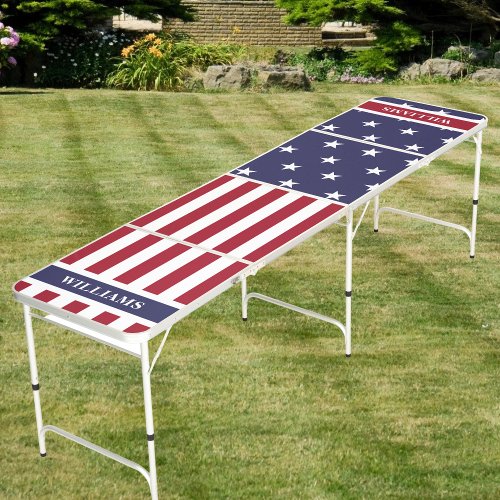 Patriotic American Flag Family Name Beer Pong Table
