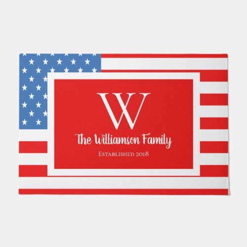 Patriotic American Flag  Family Name Doormat