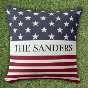 Patriotic American Flag Family Name Throw Pillow