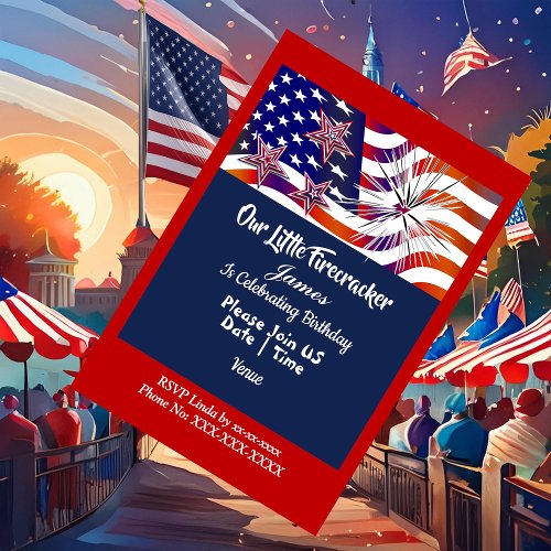 Patriotic American Flag Firecracker Birthday Boy Invitation