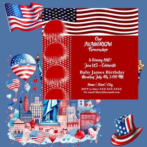 Patriotic American Flag Firecracker Birthday Boy  Invitation