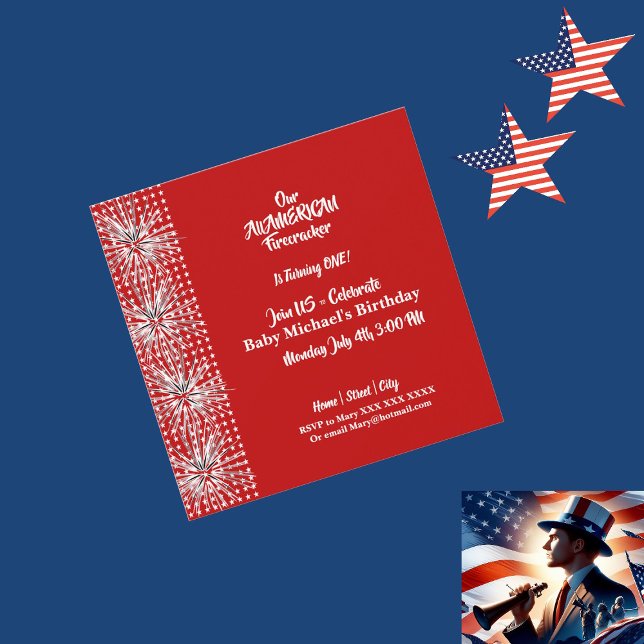 Patriotic American Flag Firecracker Birthday Boy Invitation (Patriotic American Flag Firecracker Birthday Boy Invitation)