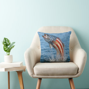 Patriotic American Flag Fish Throw Pillow