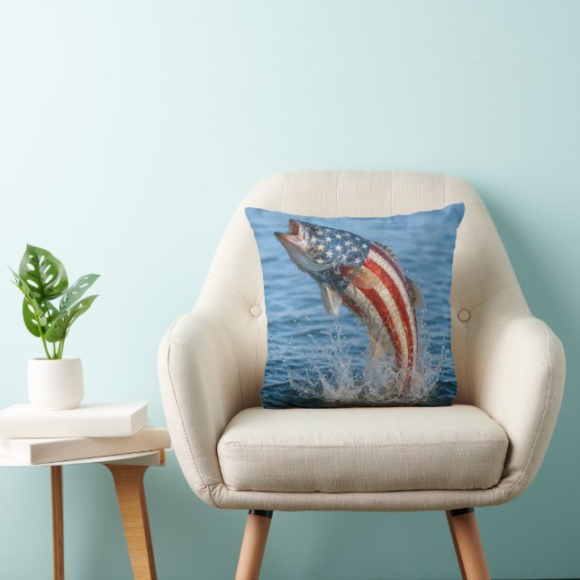 Patriotic American Flag Fish Throw Pillow (Chair)