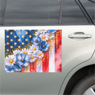 Patriotic American Flag Floral Glitter Car Magnet