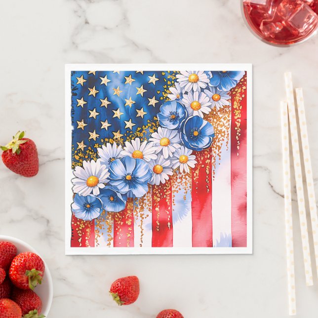 Patriotic American Flag Floral Glitter Napkins (Insitu)