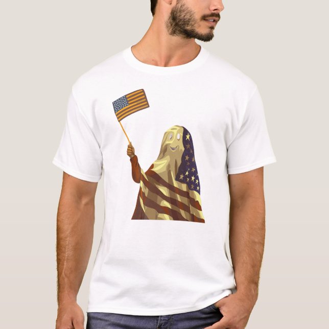 Patriotic American Flag Ghost Halloween T-Shirt (Front)