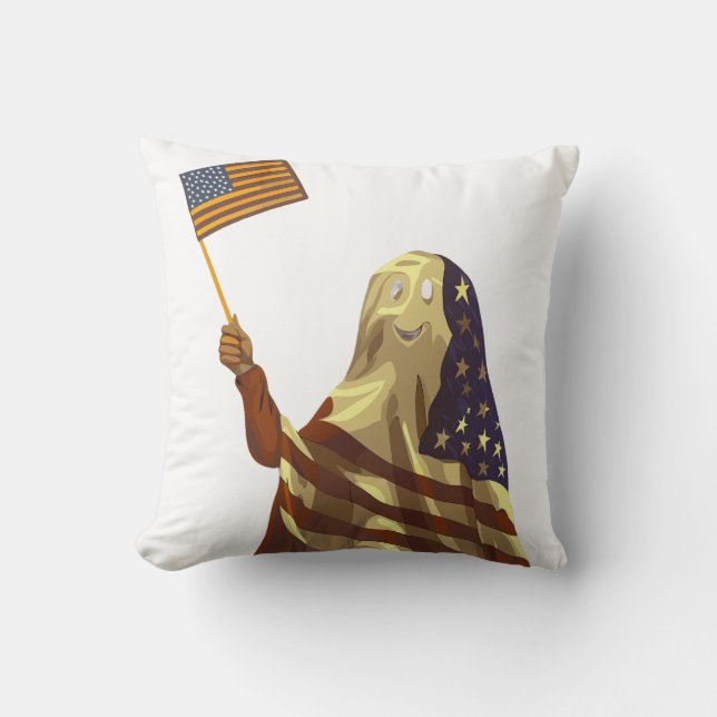 Patriotic American Flag Ghost Halloween Throw Pillow (Front)