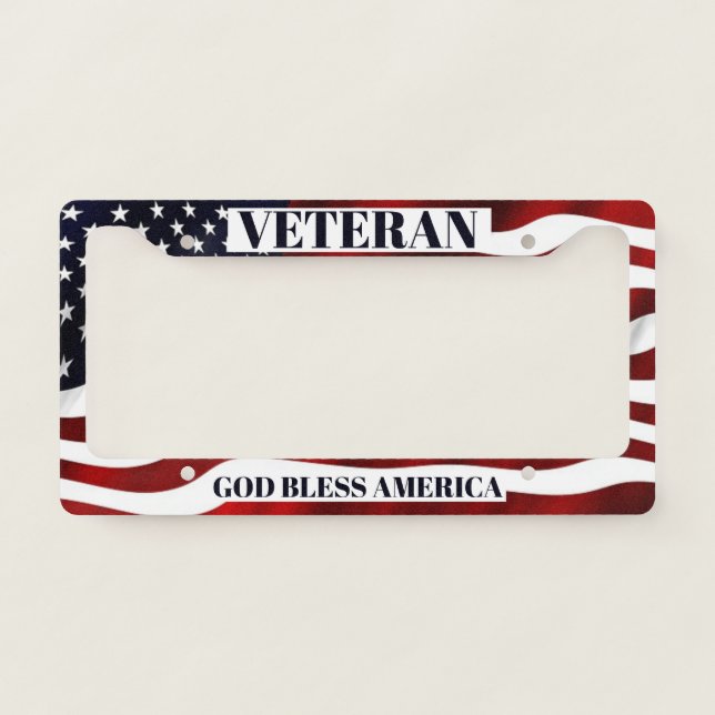 Patriotic American Flag God Bless America Veteran License Plate Frame (Front)