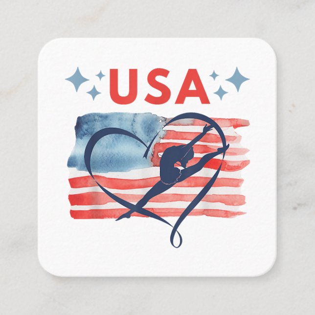 Patriotic American Flag Gymnastics Design for USA  Square Business Card (Front)