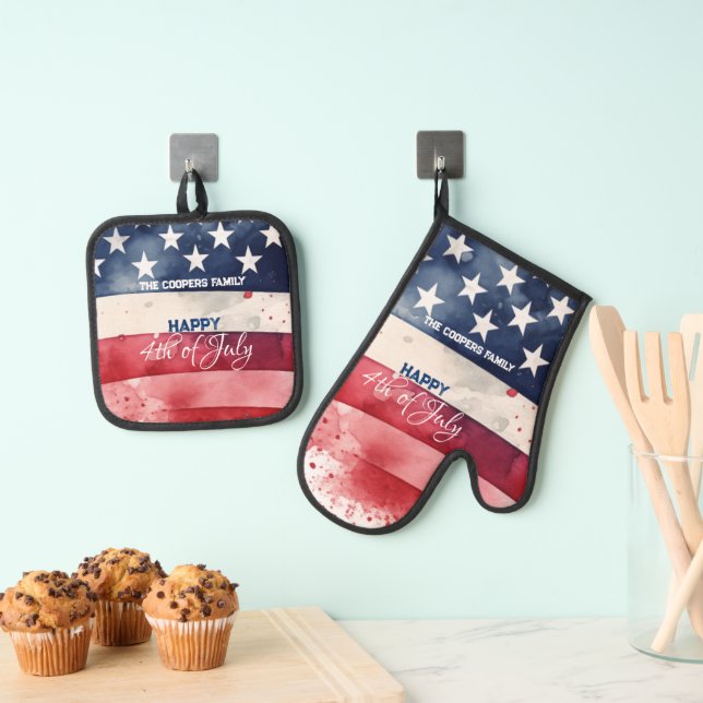 Patriotic American Flag Happy 4th of July Custom Oven Mitt & Pot Holder Set (Insitu(Hanging))