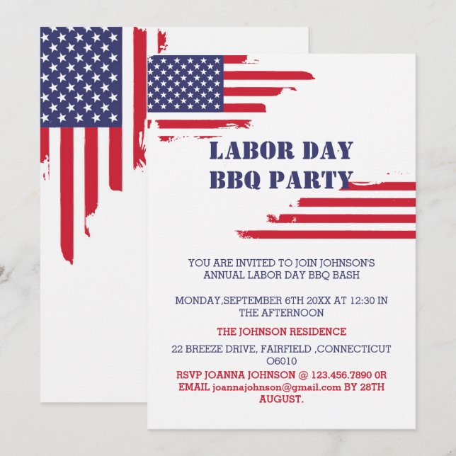 Patriotic American Flag Labor Day BBQ Party Invitation (Front/Back)