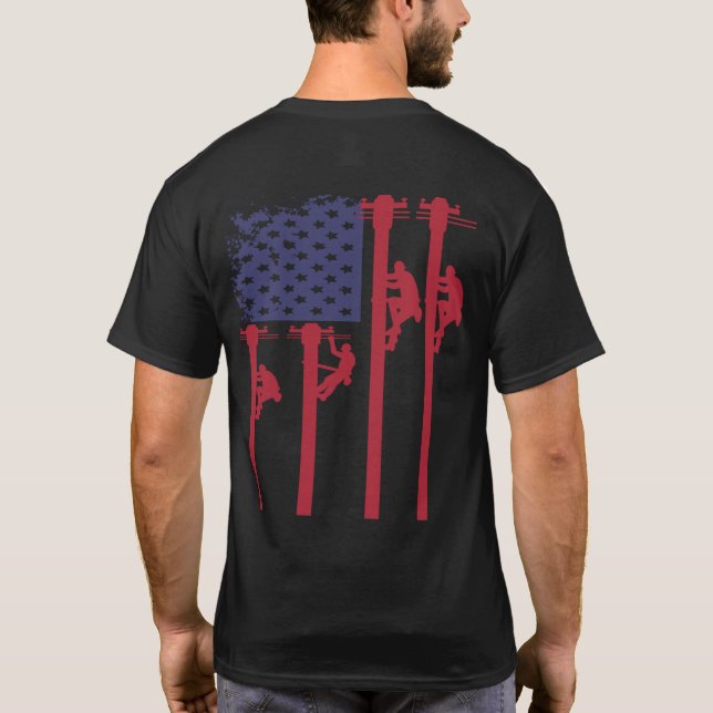 Patriotic American Flag Lineman T-Shirt (Back)