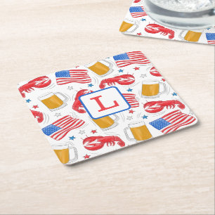 Patriotic American Flag Lobster Beer Star Monogram Square Paper Coaster