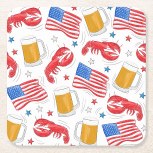 Patriotic American Flag Lobster Beer Star Party Square Paper Coaster