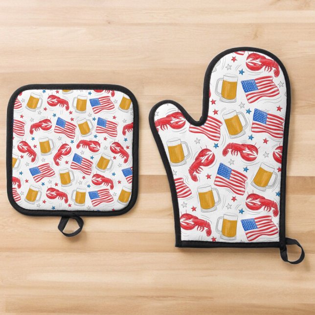 Patriotic American Flag Lobsters Beers Stars Oven Mitt & Pot Holder Set (Creator Uploaded)