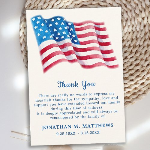 Patriotic American Flag Memorial Veteran Funeral Thank You Card