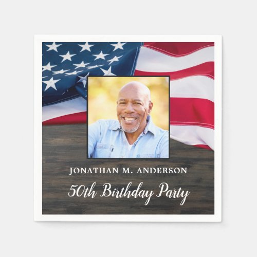 Patriotic American Flag Military Birthday Party  Napkins - Patriotic American Flag Military Birthday Party Napkins. Host your patriotic birthday party with this USA flag patriotic birthday party napkins. USA American flag modern red white and blue design on rustic wood with photo.. This military birthday napkins are also perfect for military graduation parties and retirement. See our collection for matching military birthday invitations, gifts, party favors, and supplies.  COPYRIGHT © 2021 Judy Burrows, Black Dog Art - All Rights Reserved. Patriotic American Flag Military Birthday Party Napkins