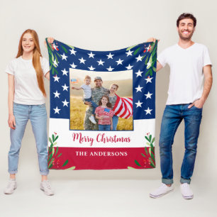 Patriotic American Flag Military Photo Christmas Fleece Blanket