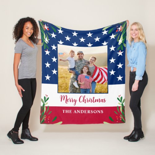 Patriotic American Flag Military Photo Christmas Fleece Blanket