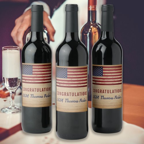 Patriotic American Flag Military Retirement Party Wine Label