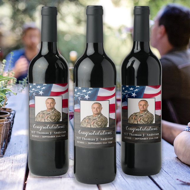 Patriotic American Flag Military Retirement Wine Label (Creator Uploaded)