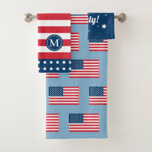 Patriotic American Flag Monogram Fourth July Bath Towel Set