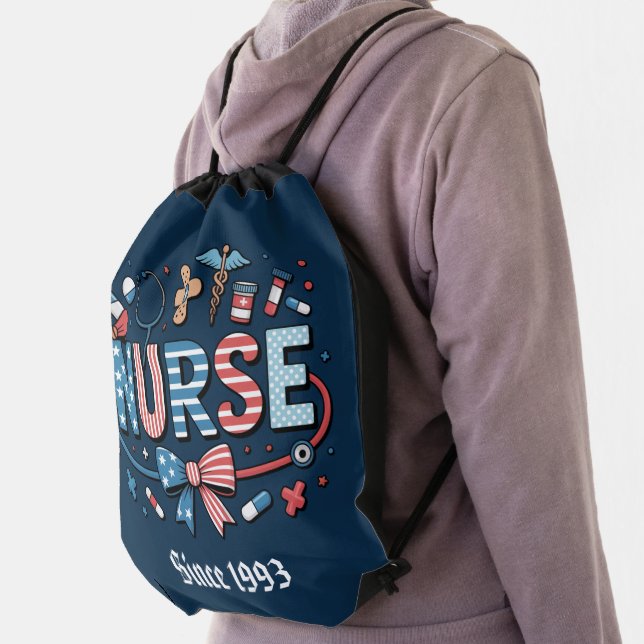 Patriotic American Flag Nurse Drawstring Bag (Insitu)