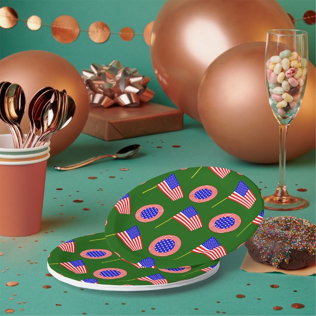 Patriotic American Flag Pattern on Green  Paper Plates (Creator Uploaded)