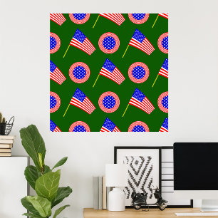 Patriotic American Flag Pattern on Green  Poster