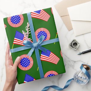 Patriotic American Flag Pattern on Green Wrapping Paper