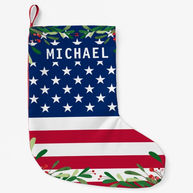 Patriotic American Flag Personalized Monogram Name Small Christmas Stocking (Front)
