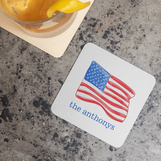 Patriotic American Flag Personalized Square Paper Coaster (Creator Uploaded)