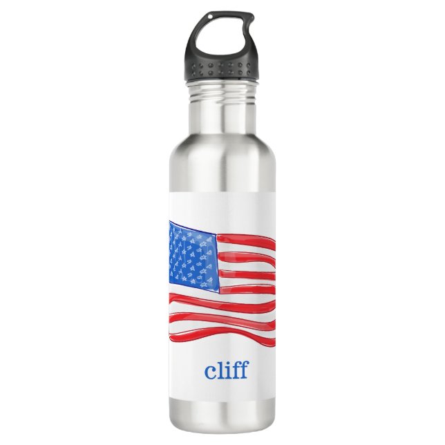 Patriotic American Flag Personalized Stainless Steel Water Bottle (Front)