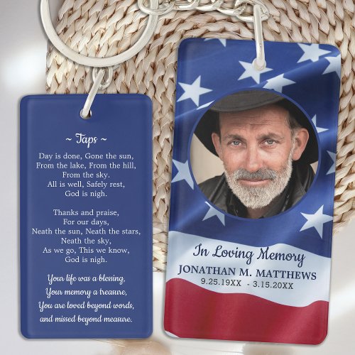 Patriotic American Flag Photo Funeral Prayer Card Keychain