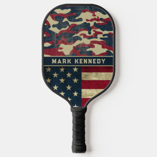 Patriotic American Flag Rustic Camo Pattern Name Pickleball Paddle