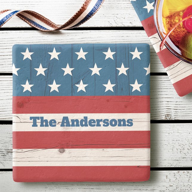 Patriotic American Flag Rustic Wood July 4th Name Stone Coaster (Creator Uploaded)