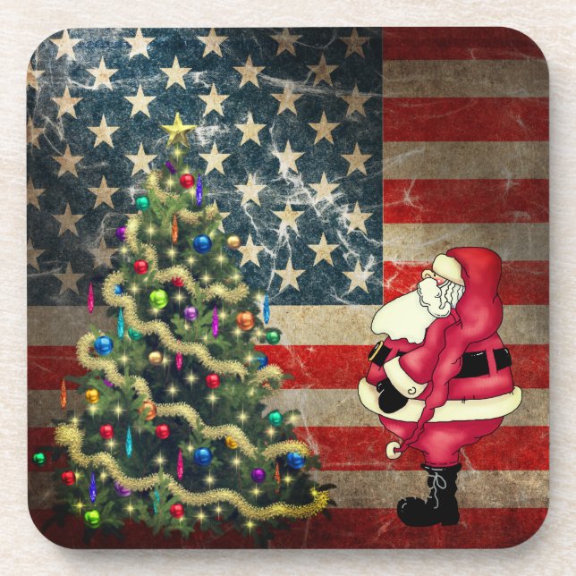 Patriotic American Flag, Santa and Christmas Tree Beverage Coaster (Front)