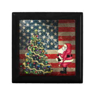 Patriotic American Flag, Santa and Christmas Tree Gift Box