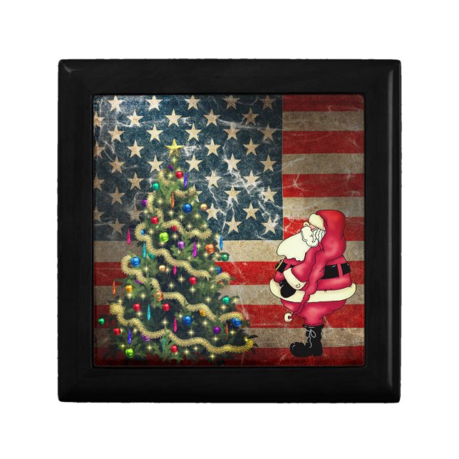 Patriotic American Flag, Santa and Christmas Tree Gift Box (Front)